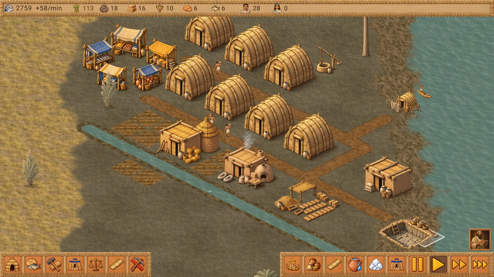 A small Cradle town with reed houses, a canal, workshops and roads