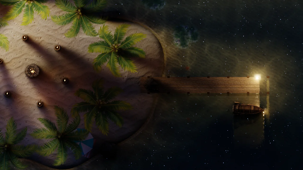 The island at night, with soft glow around the pier lamp