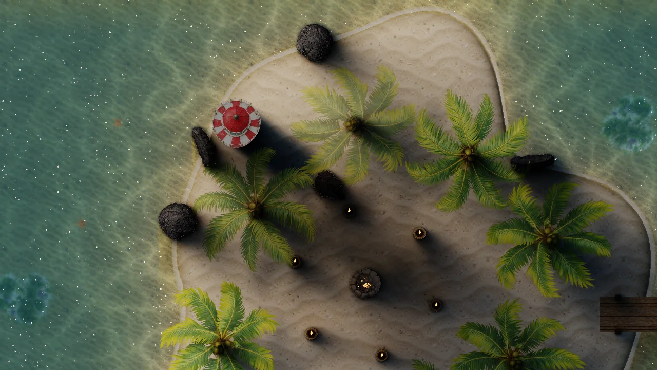 Long, soft palm shadows crossing the island