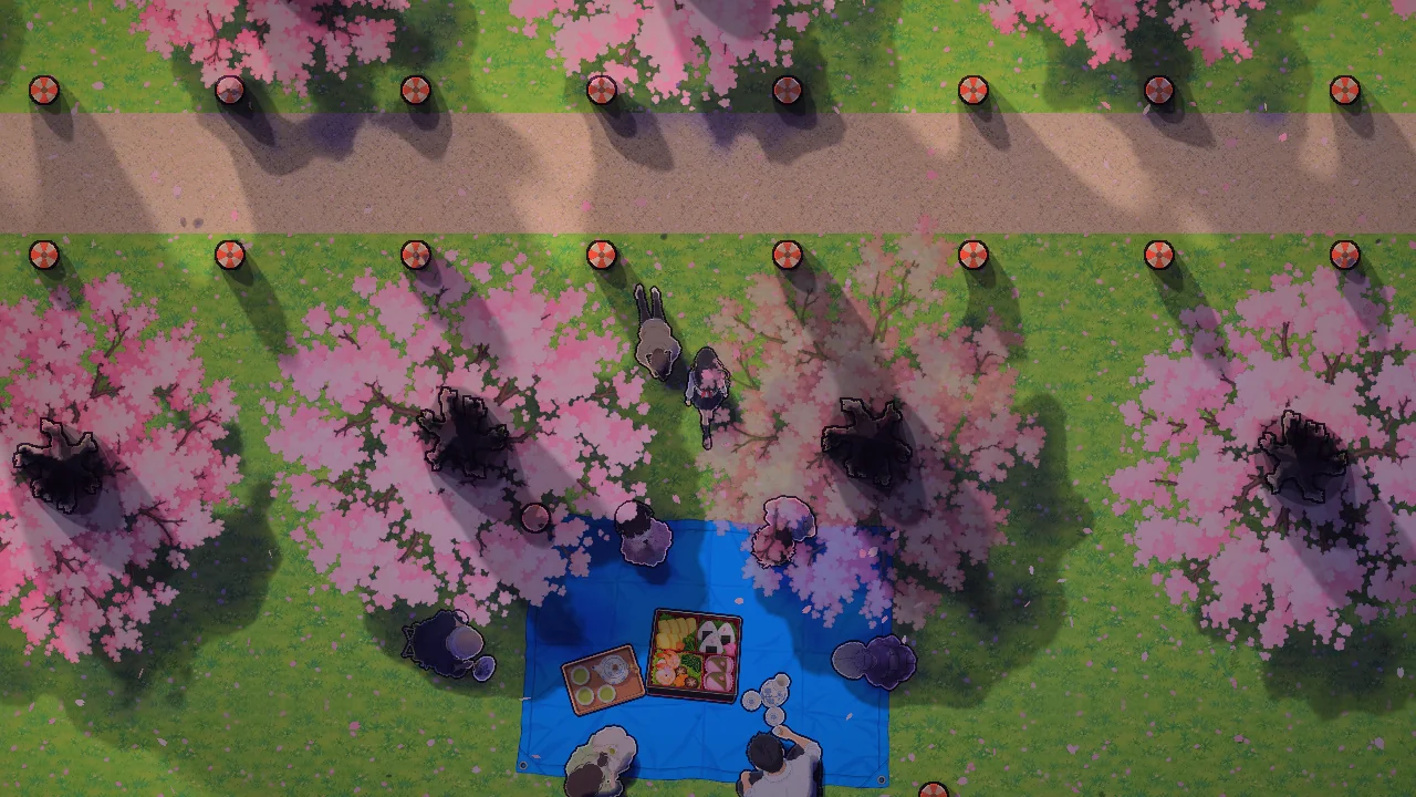 Sakura picnic with stepped light, lavender shadows and ink edges