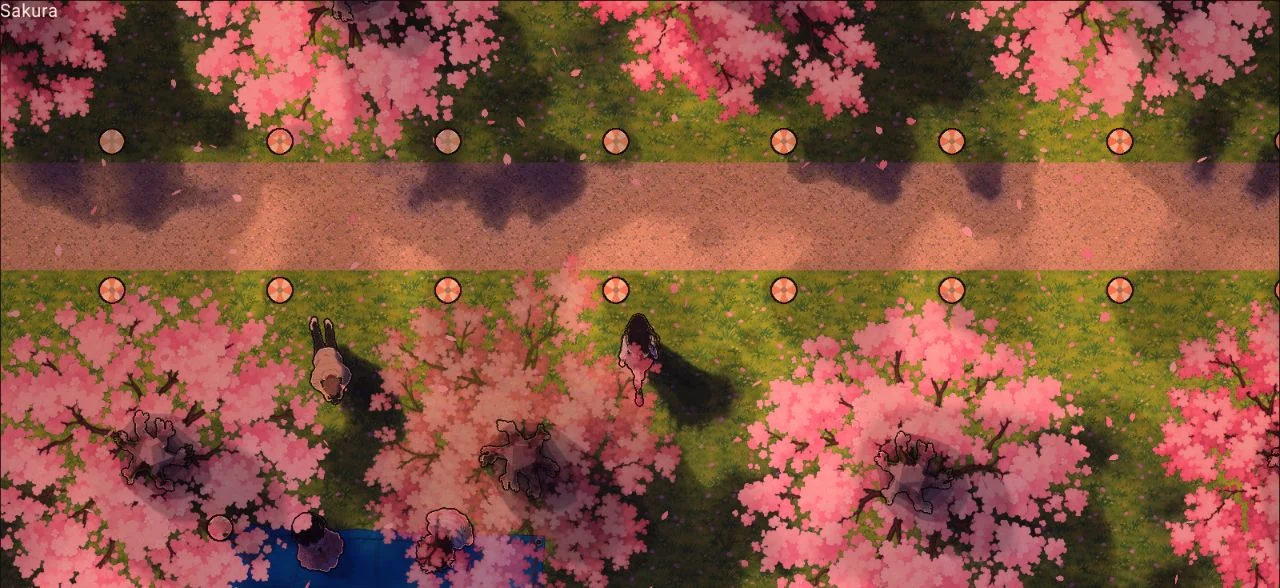 Cherry tree canopies and their trunks in the Sakura scene