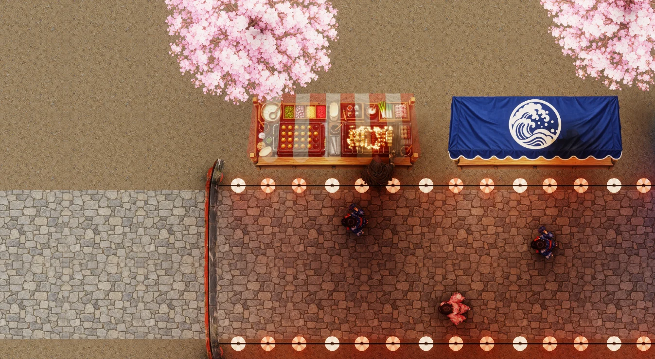 Festival stalls, lanterns and cherry trees in the migrated lighting example