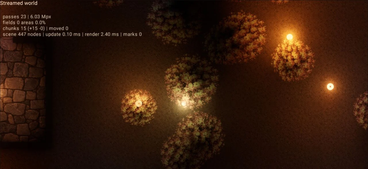 Trees and lamps at night in Quaso's streamed world, with renderer statistics in the corner