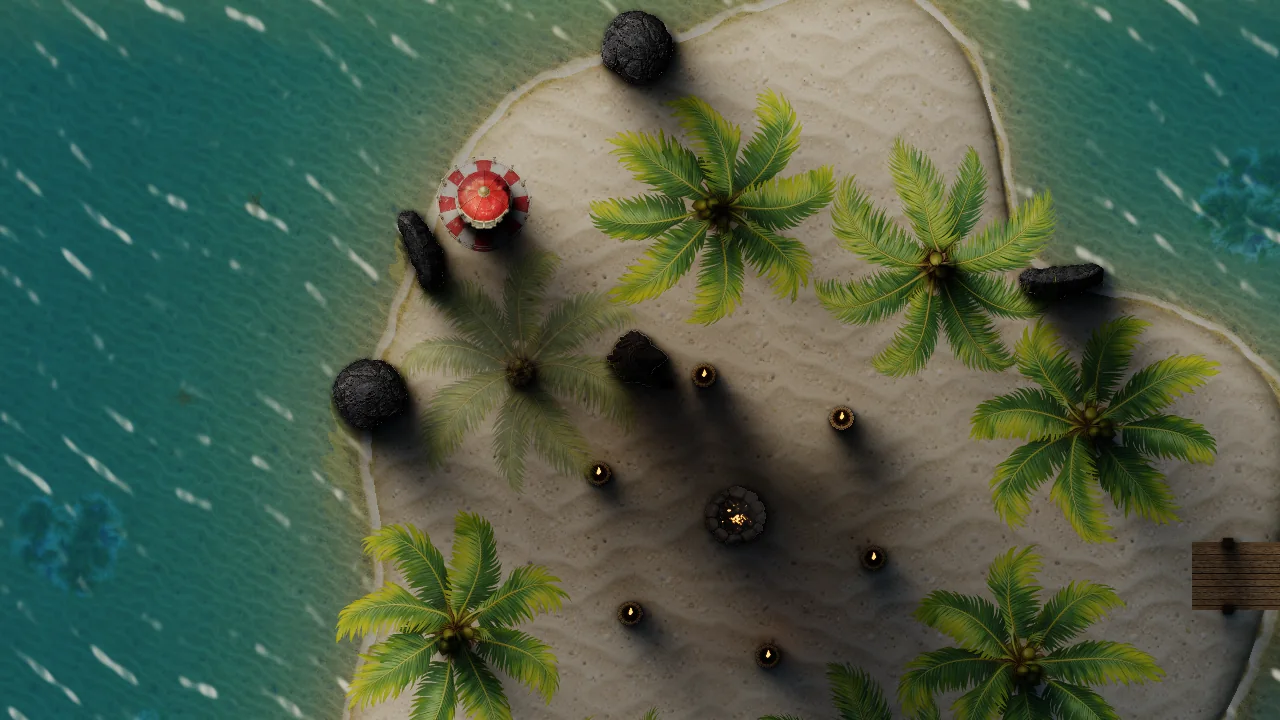 An island surrounded by clear water, with the bed visible near shore