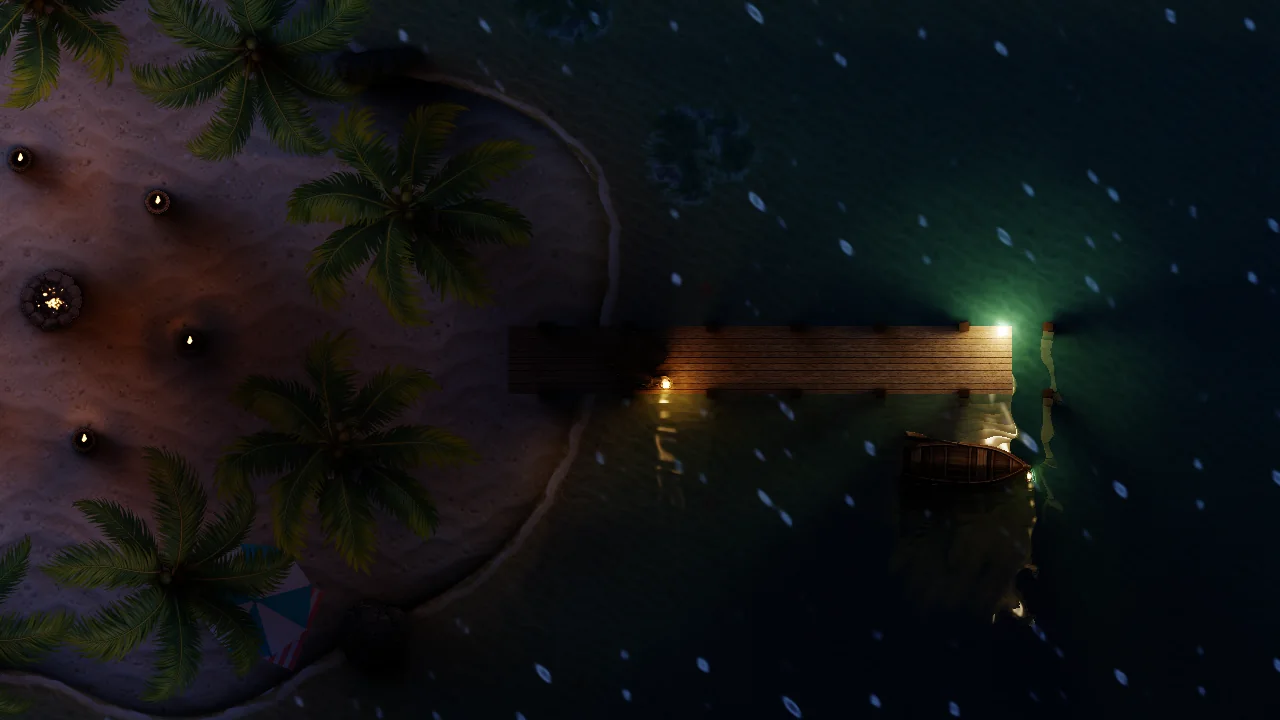A pier lamp and its long reflection on the water at night
