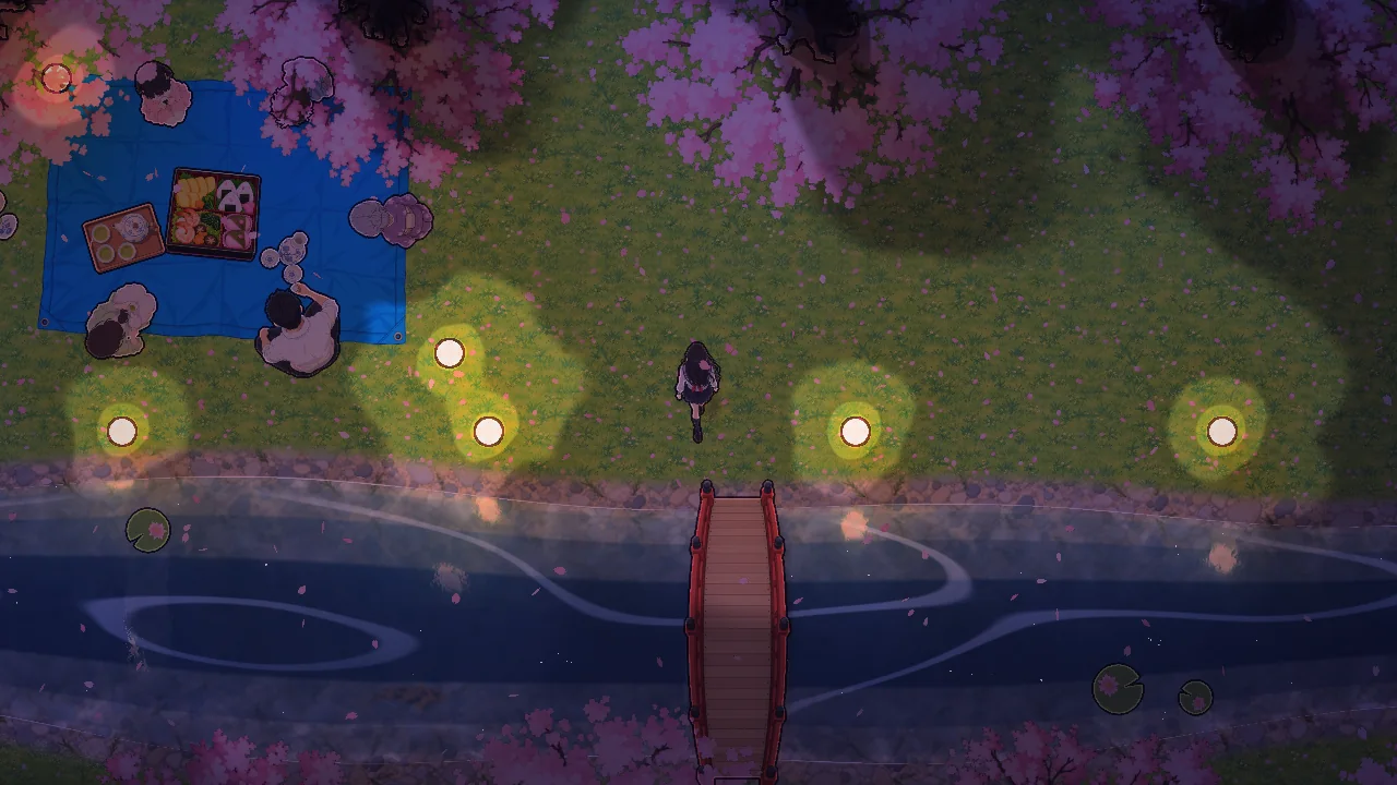 Sakura river at night with drawn flow lines and lantern reflections